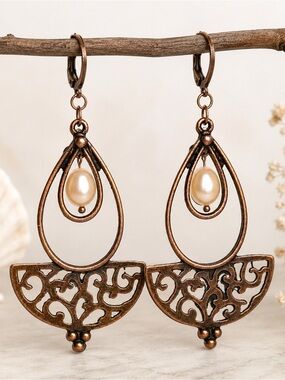 Freshwater Pearl Antique Copper Chandelier Filigree Statement Earrings